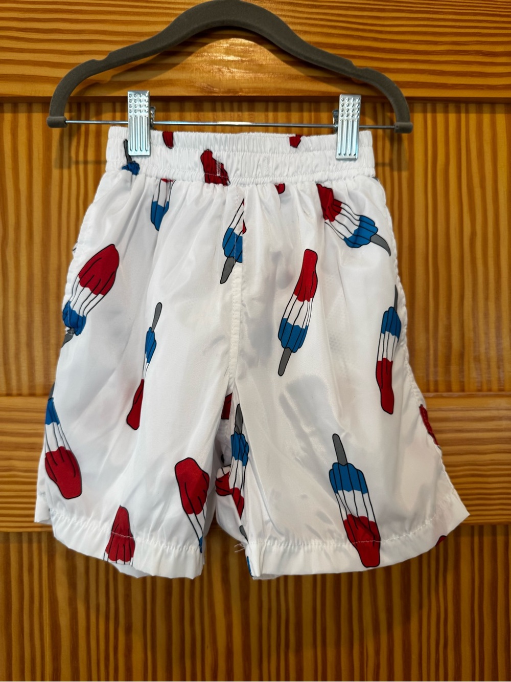 Kids White Swim Shorts with Red & Blue Popsicle Print